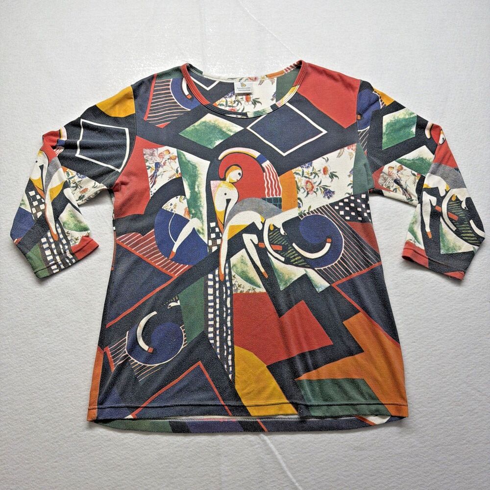 Vintage 80s Smithsonian Art Top Abstract Bird Geometric Museum Shirt Women's XL